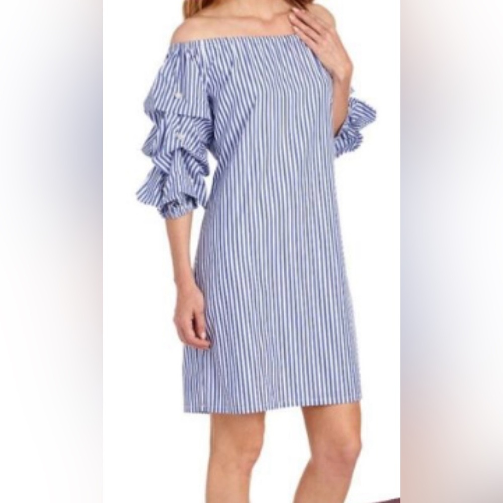 Women’s Sam & Jess Blue and White Striped Off-Shoulder Dress size Medium. NWOT